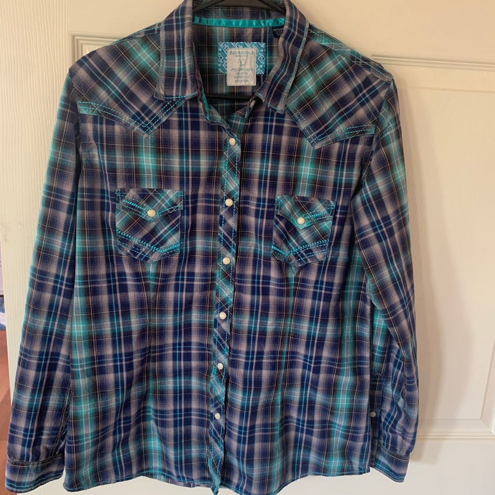 Panhandle Slim Large Western Shirt Blue Teal Plaid Pearl Snap R4S1201
